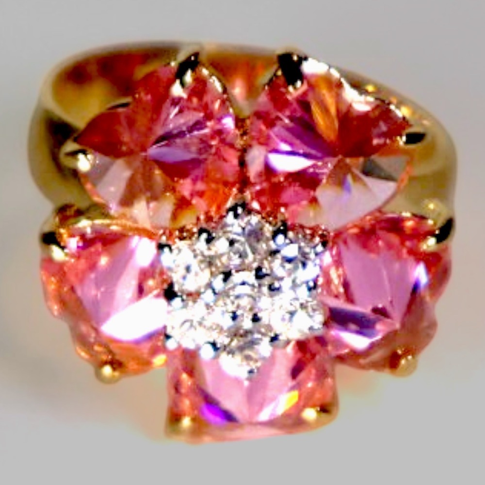 Swarovski Crystal Pink Heart Flower Ring 14k Gold Overlay Size 5 Statement New